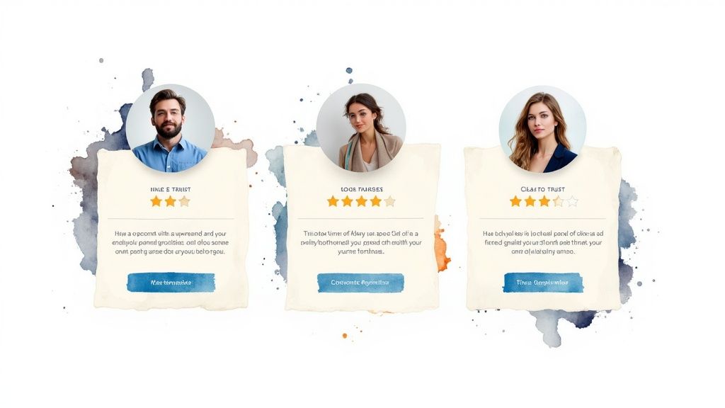 Three watercolor-themed customer testimonial cards with user photos, star ratings, and review text.
