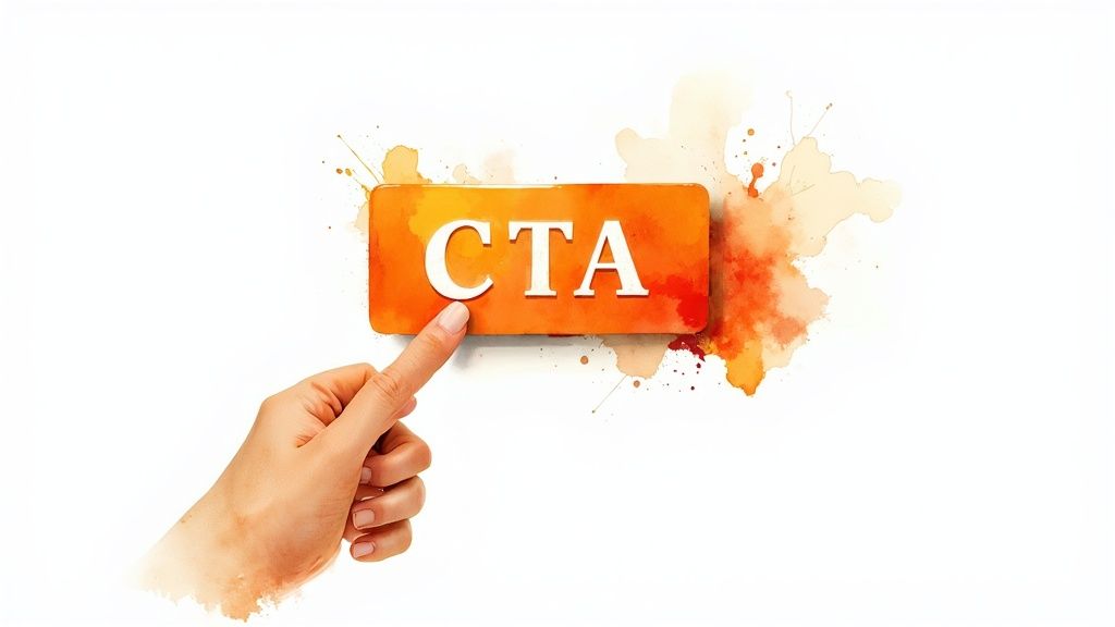 A hand points to an orange button with 'CTA' written in white, surrounded by watercolor splashes.