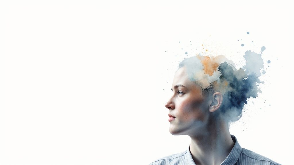 Side profile of a woman with colorful watercolor paint splatters representing her thoughts and creativity.