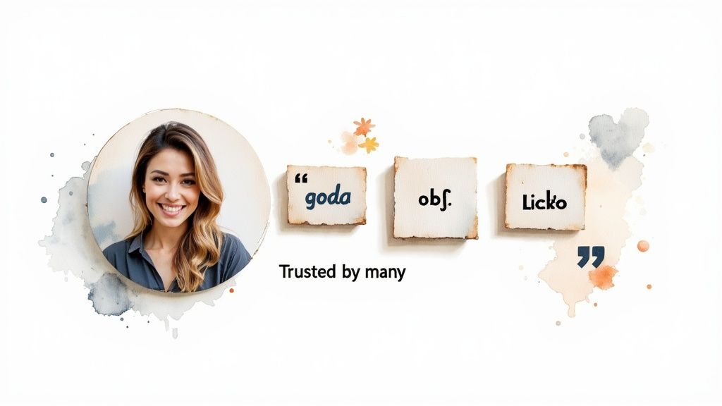 A smiling woman in a circular frame with word cards and 'Trusted by many' text.