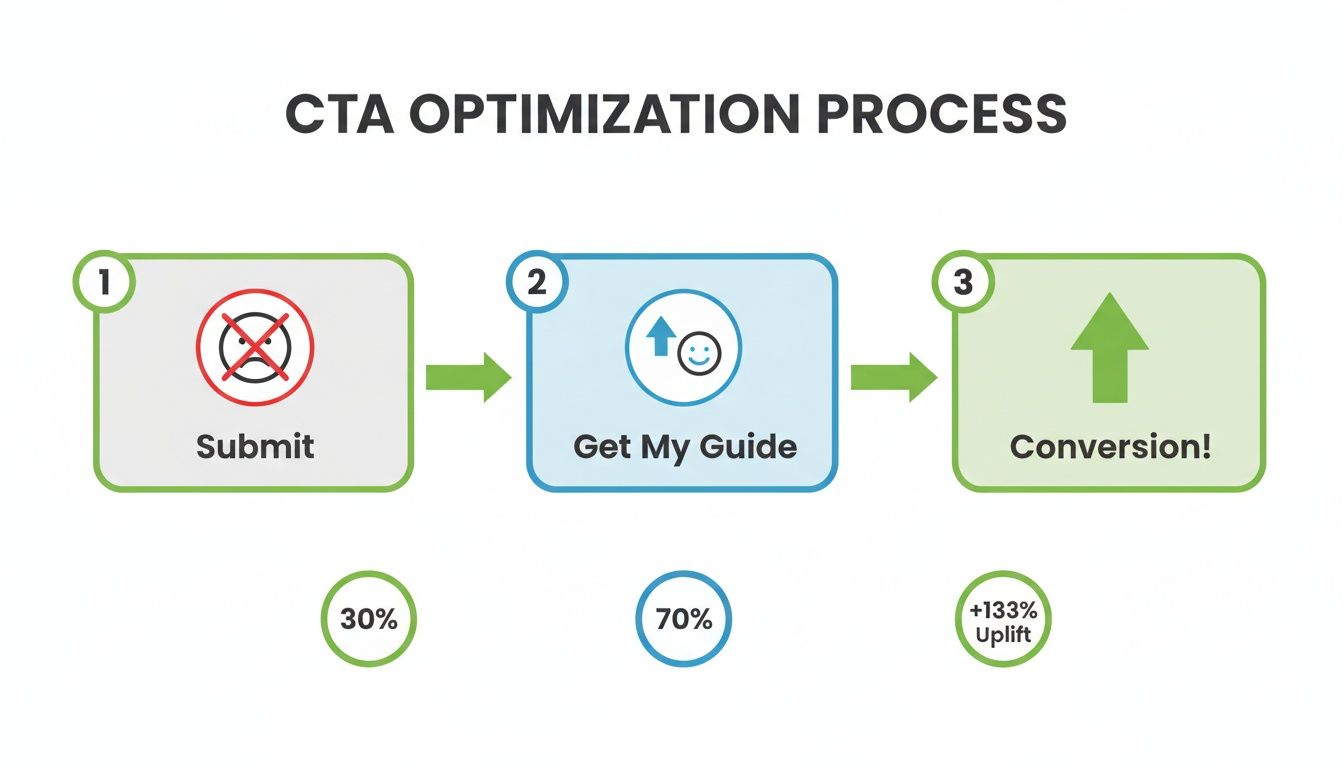 Diagram illustrating a CTA optimization process, showing conversion improvement from 'Submit' to 'Get My Guide' with 133% uplift.