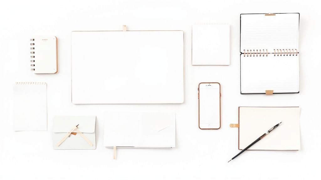 Flat lay of white notebooks, papers, a smartphone, and a pen on a clean surface.