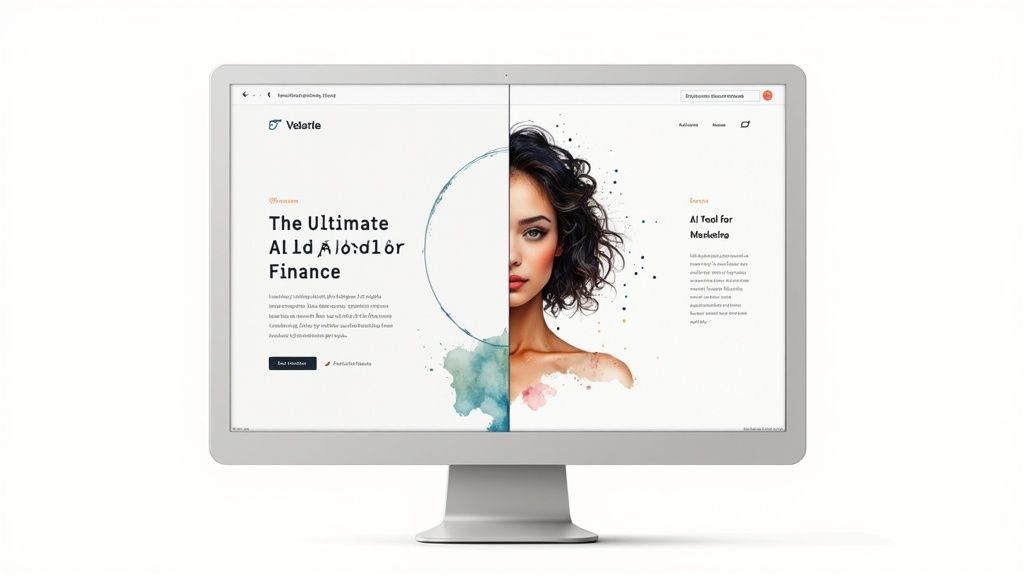 A computer monitor displaying a modern landing page for 'Velerte' with AI for Finance and Marketing.