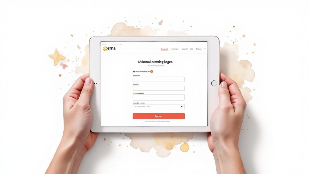 Close-up of hands holding a white tablet displaying a sign-up form with input fields and a button.