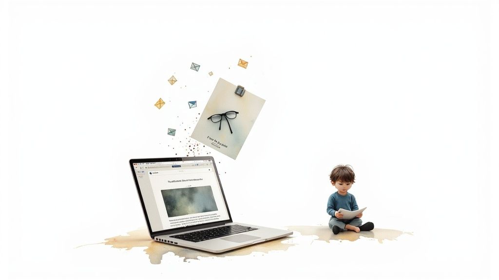 A young boy reads a book near a laptop, a memo, and flying envelopes on a white background.
