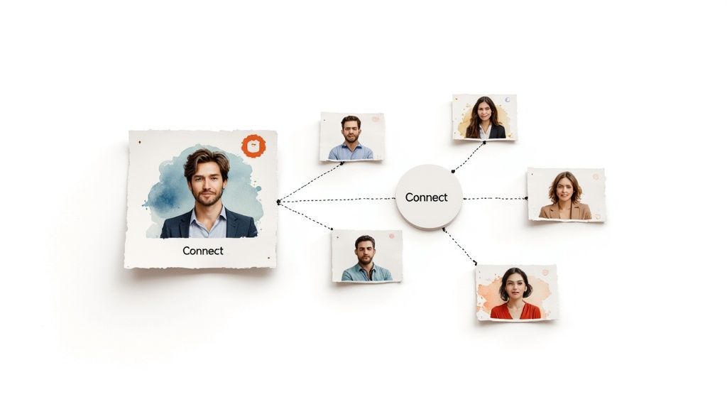 A network diagram showing a central 'Connect' node linking to multiple diverse individual portraits.