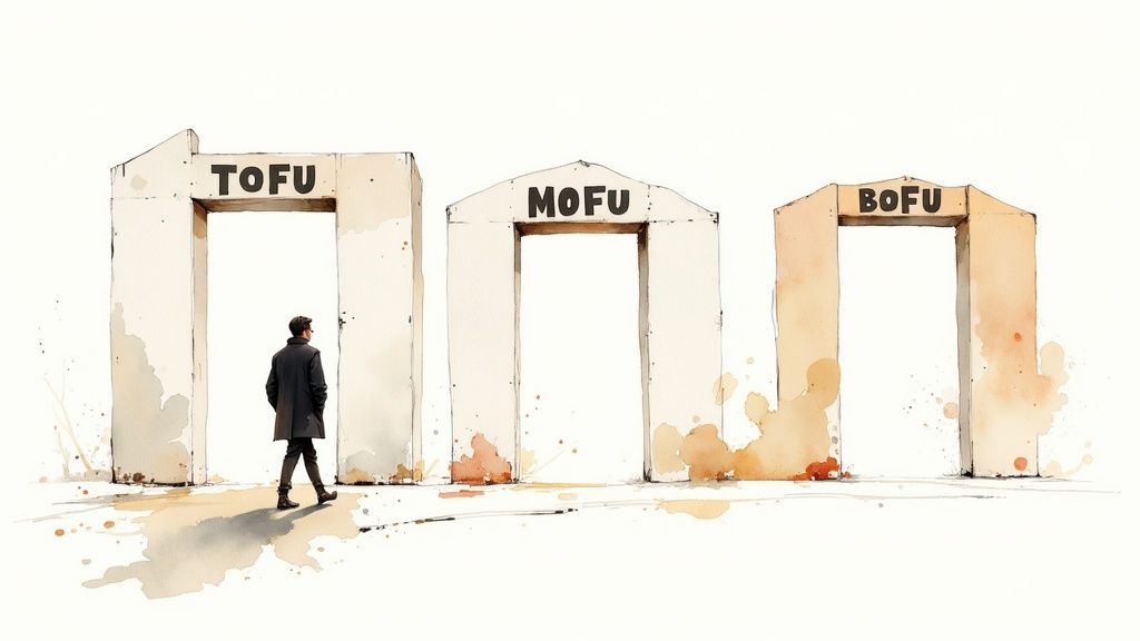 A man walks towards a "TOFU" archway, with "MOFU" and "BOFU" archways behind him.