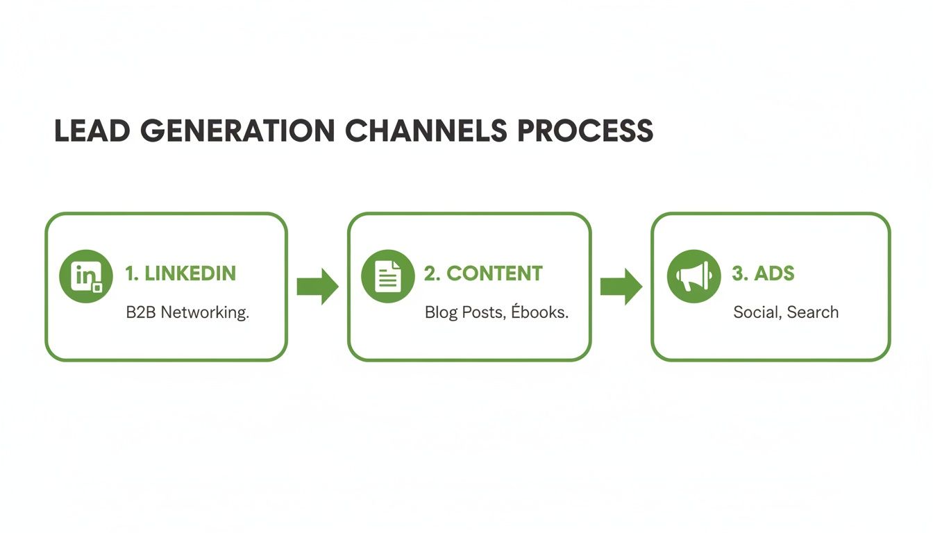 Diagram illustrating the lead generation channels process: LinkedIn, Content, and Ads, with descriptions for each.