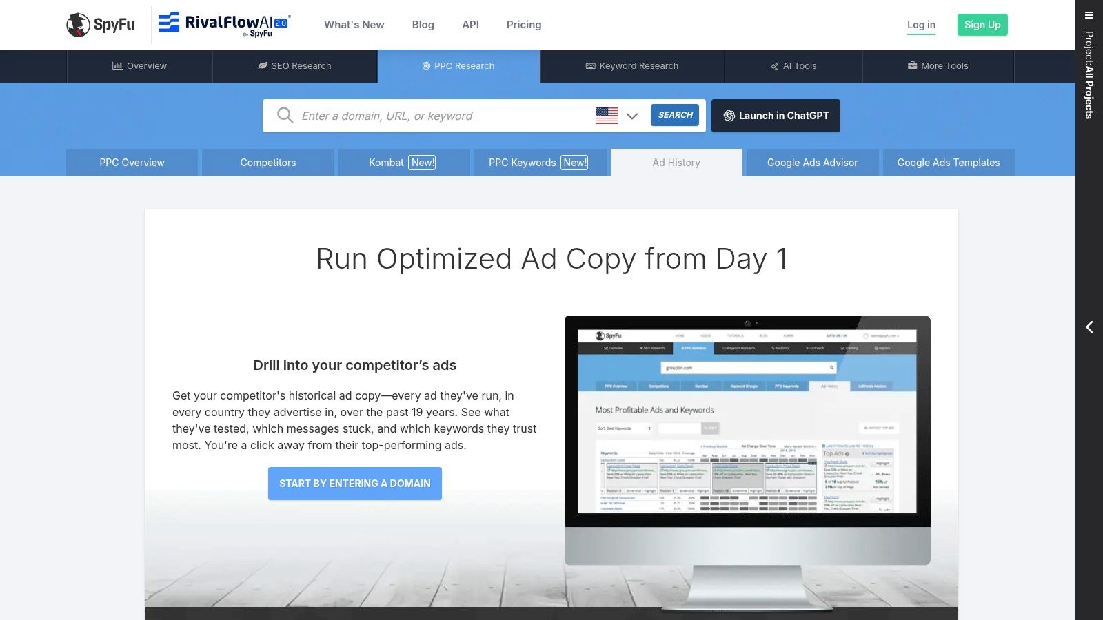 A screenshot of the SpyFu PPC Ad History interface, showing a competitor's ad variations over time for specific keywords.