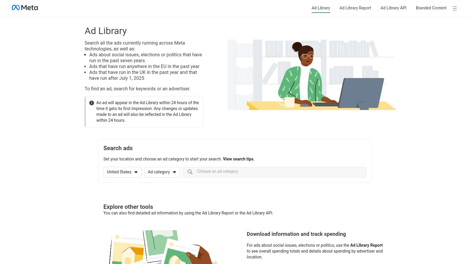 A screenshot of the Meta Ad Library, showing its search functionality and examples of ads from a specific advertiser.