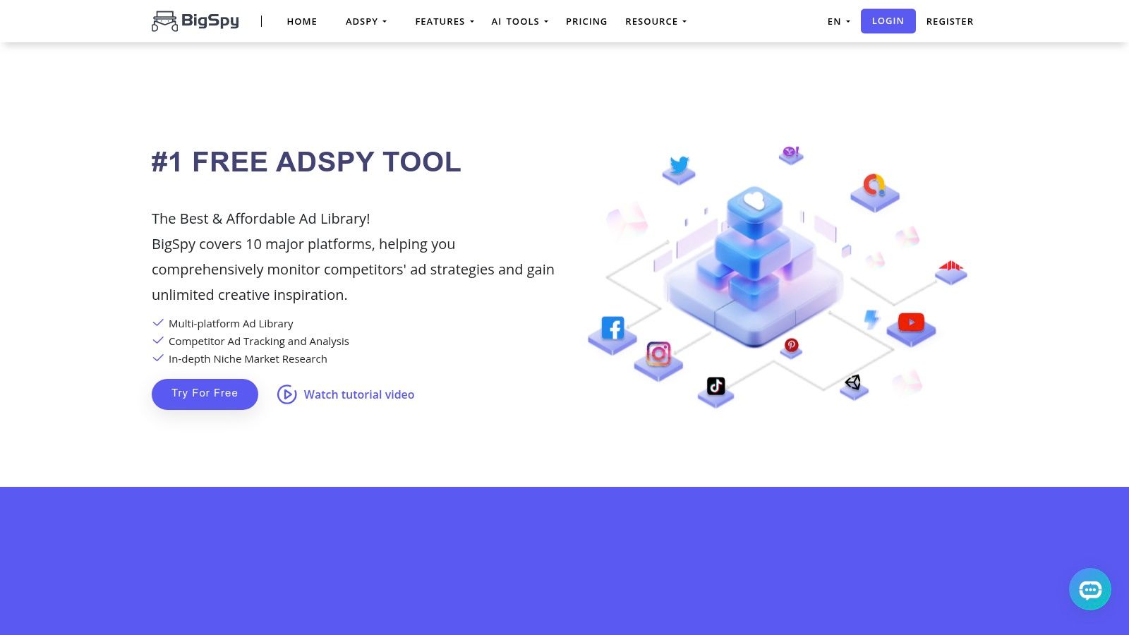 A screenshot of the BigSpy dashboard showing ad examples from various platforms like Facebook and YouTube.