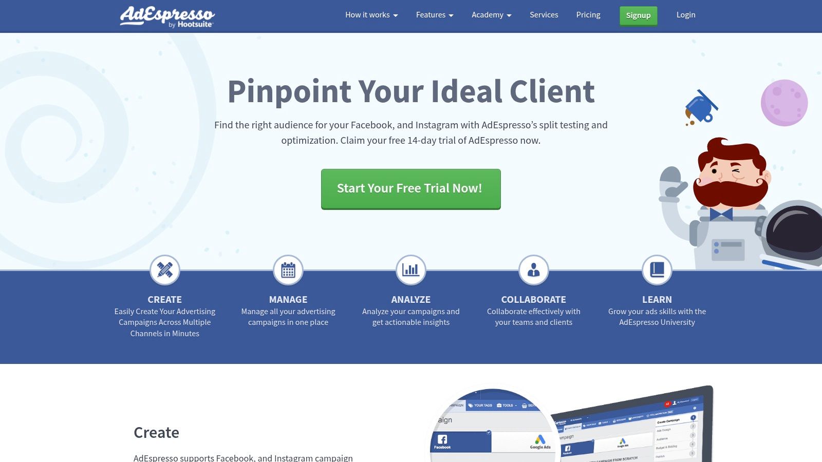 AdEspresso's ad gallery interface showing a curated selection of Facebook ad examples with filtering options.