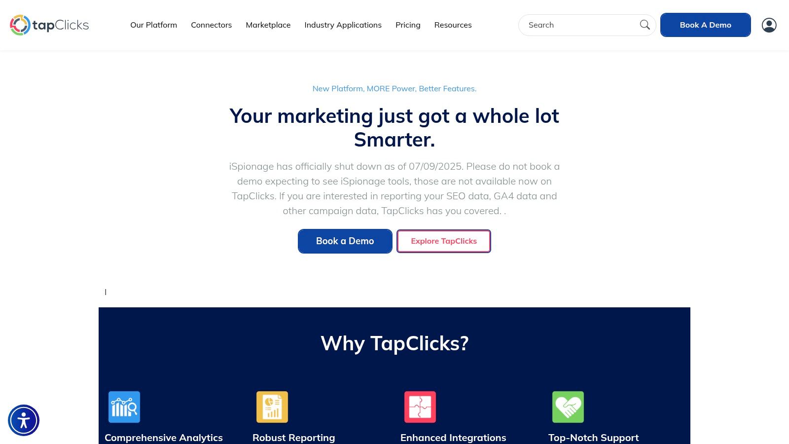 A screenshot of the iSpionage homepage showcasing its competitor intelligence features and search bar.