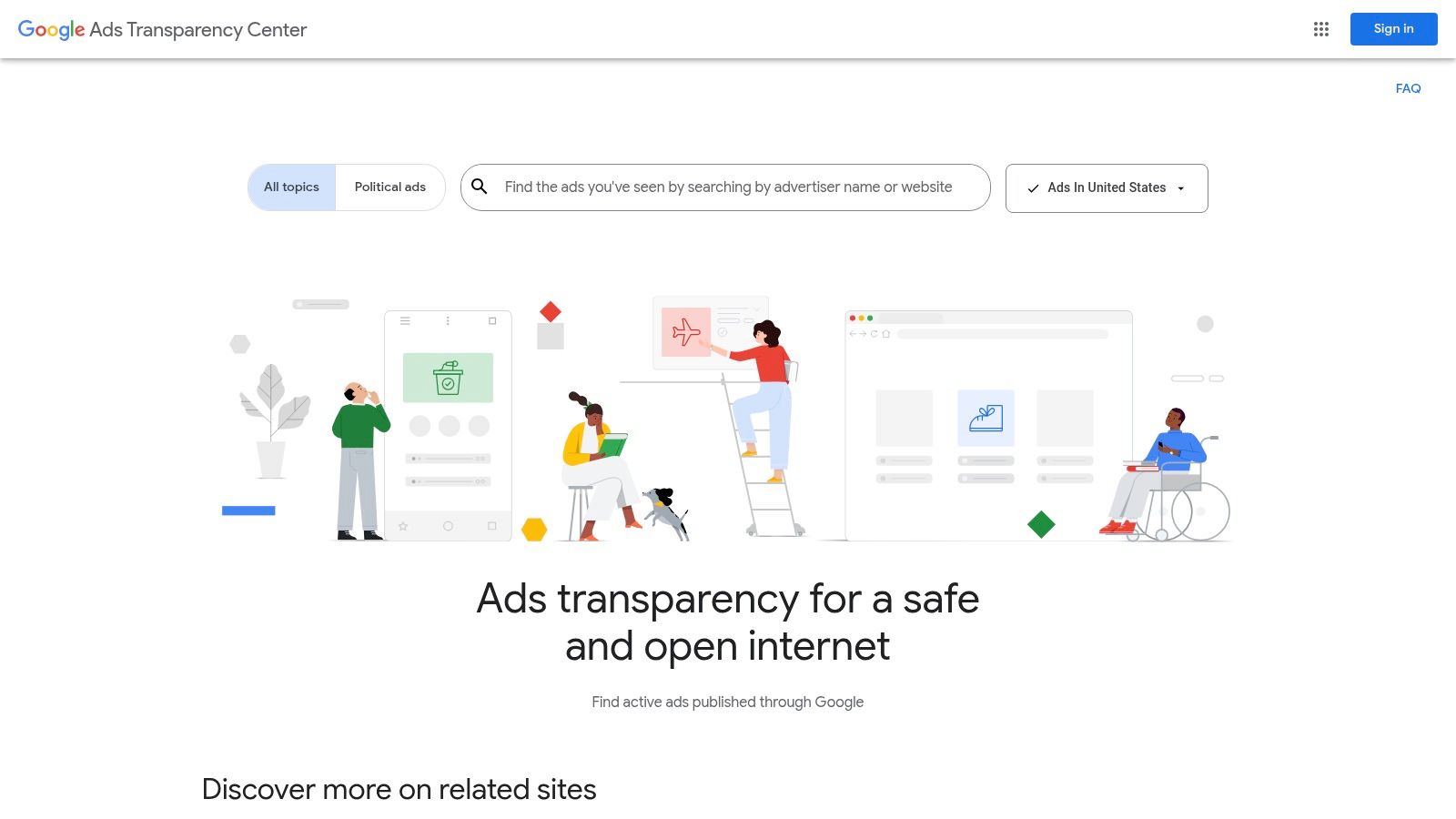 A screenshot of the Google Ads Transparency Center homepage, showing its search bar and an example of an advertiser's ad library.