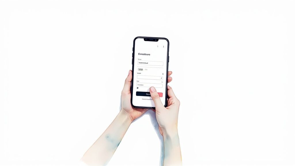 A person's hands holding a smartphone displaying a digital lead capture form with various input fields.