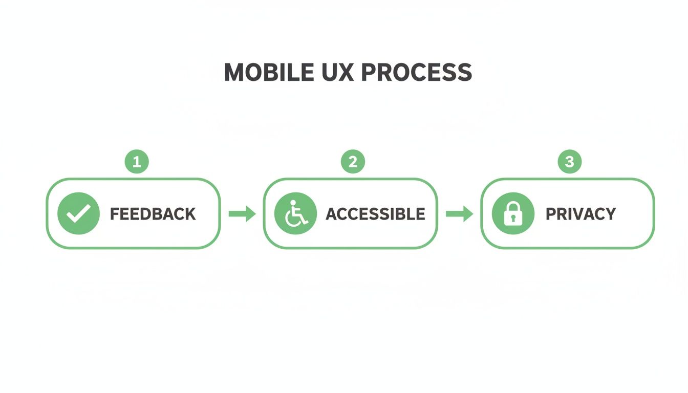 Diagram illustrating the mobile UX process with three steps: Feedback, Accessible, and Privacy.