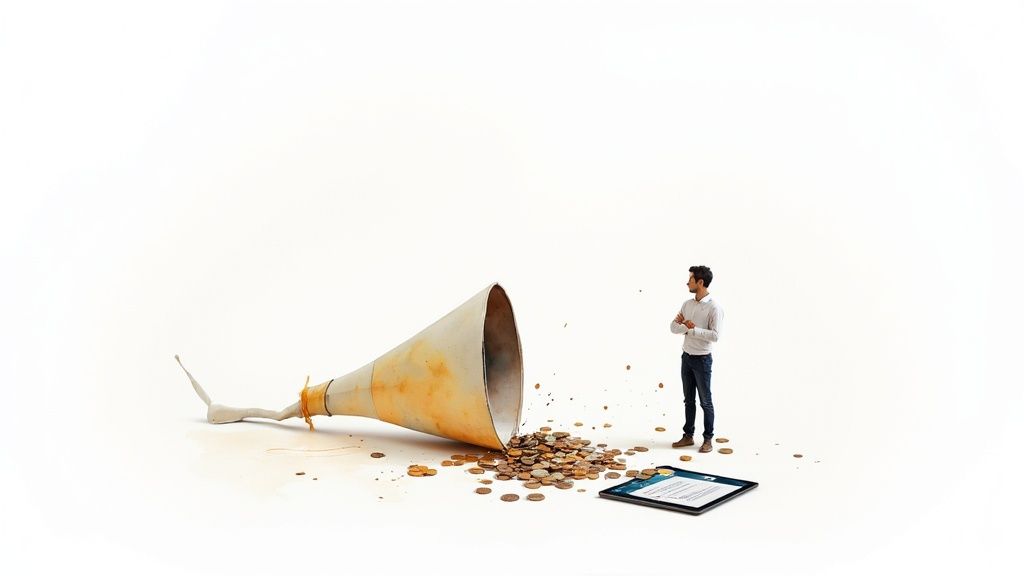 A man observes a broken lead capture funnel spilling coins next to a tablet on a white background.