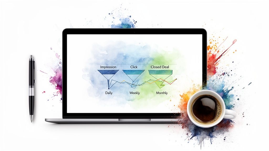 Laptop screen displays a sales funnel showing impression, click, and closed deal metrics, with a pen and coffee.