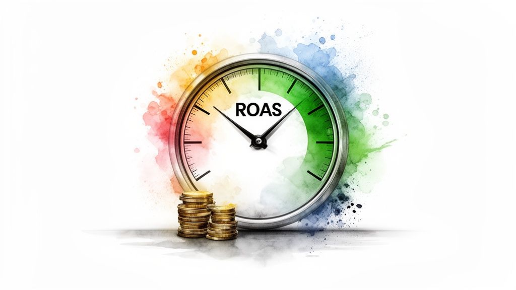 A colorful ROAS clock with two stacks of gold coins, symbolizing financial performance and time.