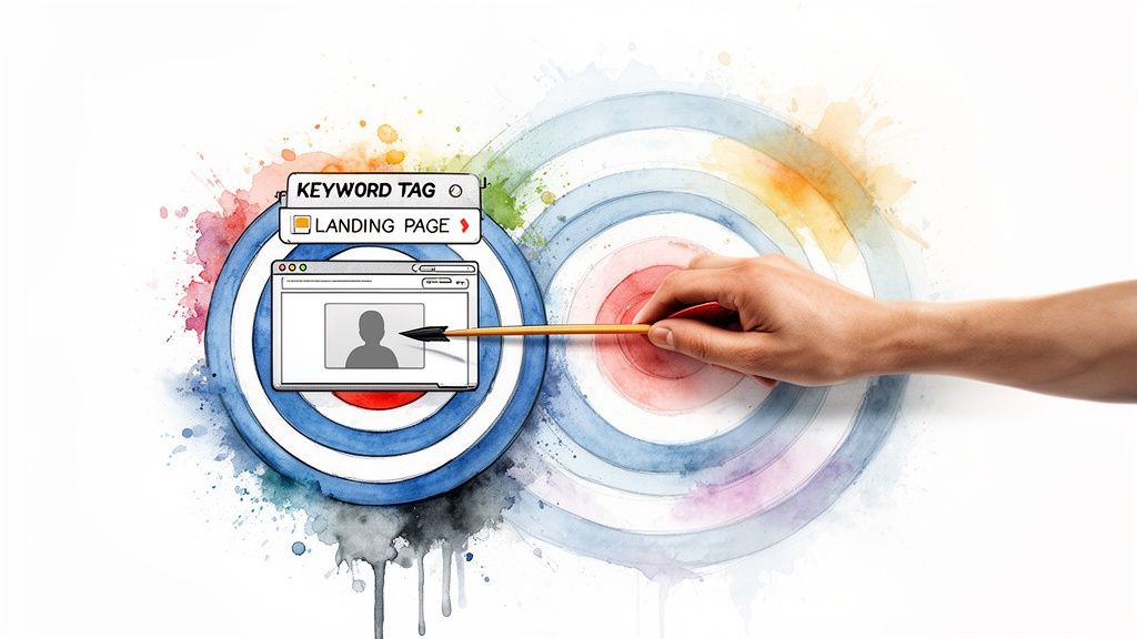 Digital marketing concept showing targeting, keywords, landing pages, and a hand aiming an arrow.