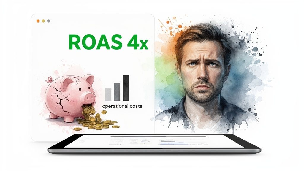 A concerned man observes ROAS 4x, a broken piggy bank, and rising operational costs on a tablet.