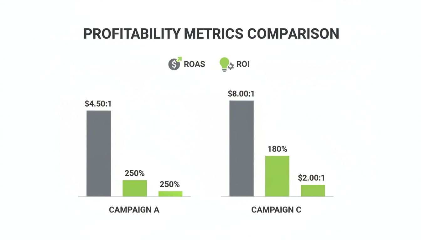 Bar chart comparing ROAS and ROI profitability metrics for Campaign A and Campaign C results.