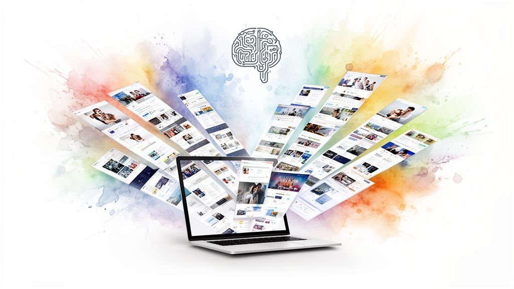 A laptop displaying numerous web pages fanning out, with a circuit-style brain icon above a colorful watercolor background.