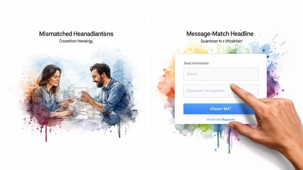 Two watercolor illustrations showing marketing concepts, including people collaborating and a hand clicking a digital form.
