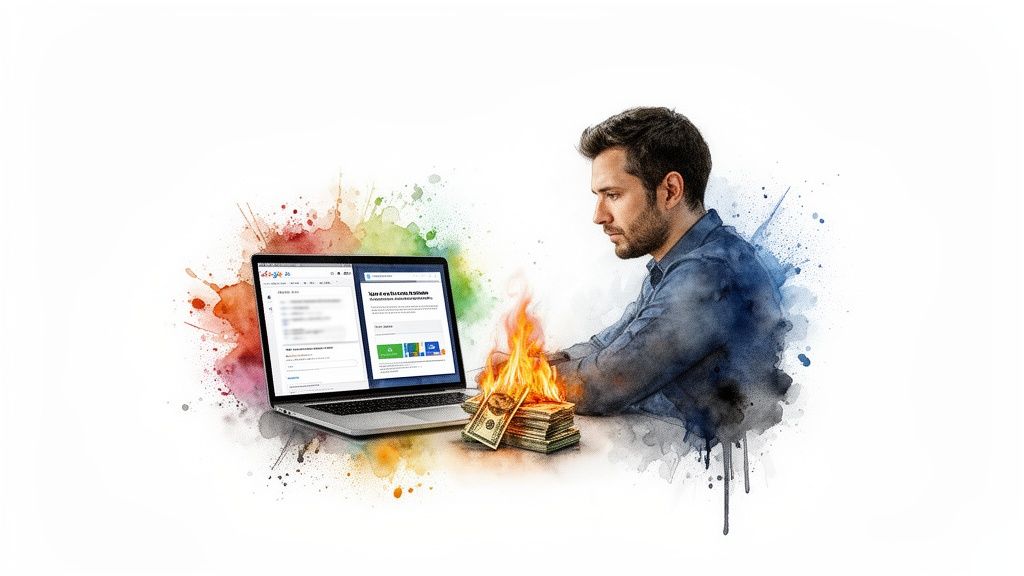 A man looks at a laptop while a stack of money burns, symbolizing wasted costs and poor performance.