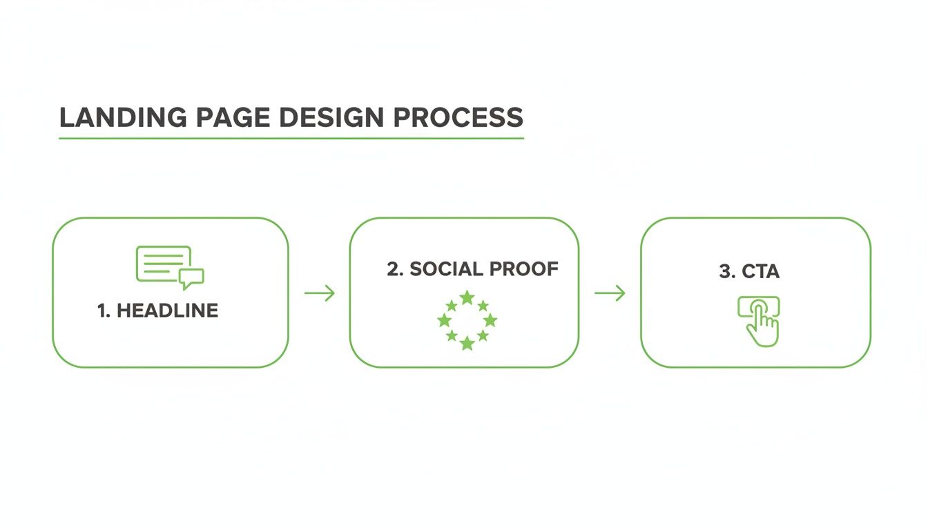 A flowchart illustrates the 3-step landing page design process: Headline, Social Proof, and CTA.