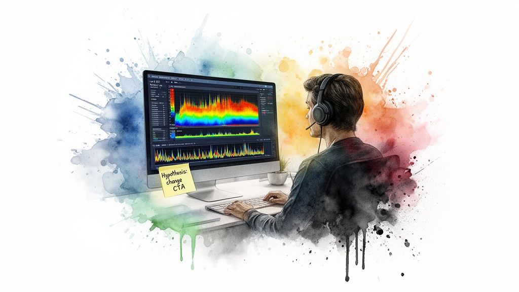 Person with headphones analyzing colorful data visualizations on a computer, a 'Hypothesis: change CTA' note visible.