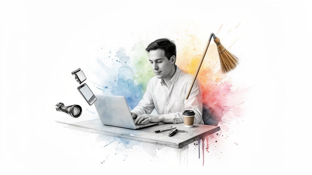 A man on a laptop with a creative watercolor background and floating work-related items.