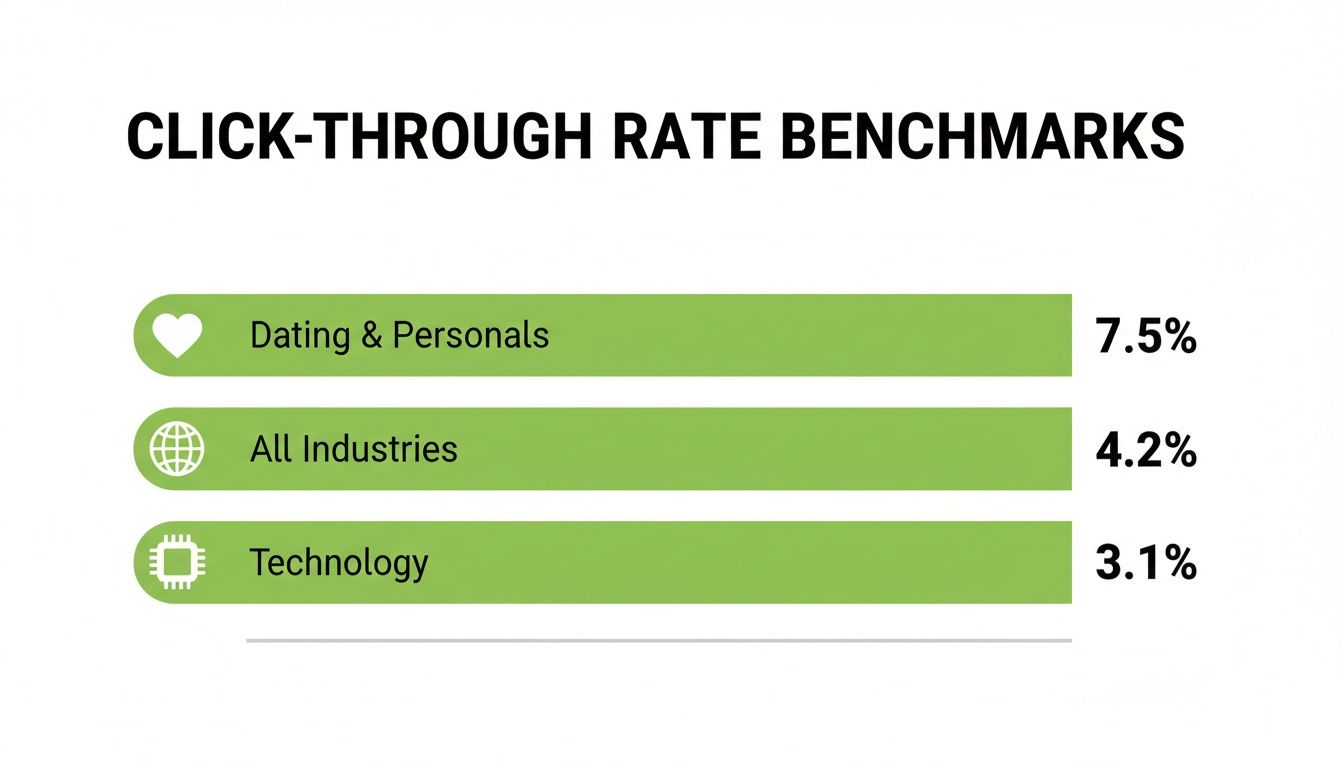 Bar chart illustrating click-through rate benchmarks for Dating & Personals, All Industries, and Technology.