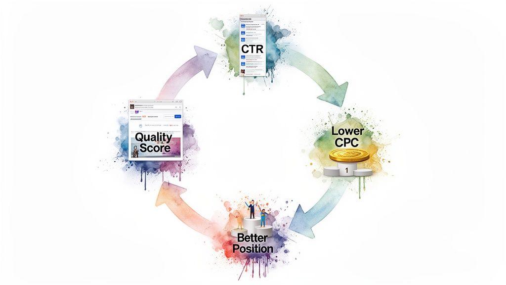 Infographic illustrating the positive feedback loop between Quality Score, CTR, Lower CPC, and Better Position in advertising.