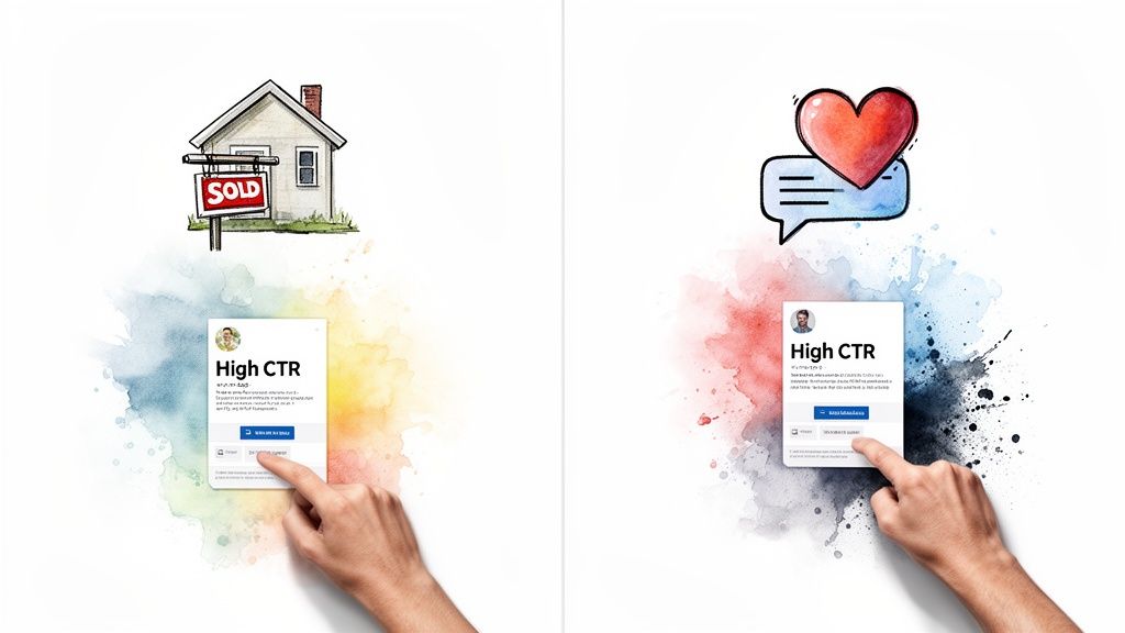 Hands interacting with 'High CTR' cards, illustrating click-through rate benchmarks in real estate and social media.