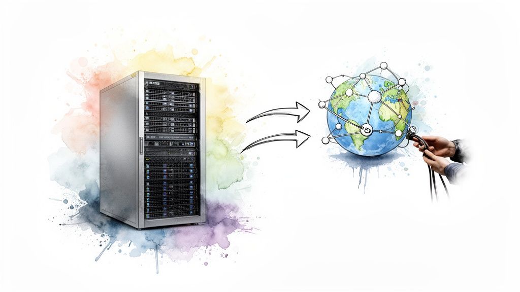 Illustration of a server rack connecting to a worldwide network globe with hands plugging in cables.
