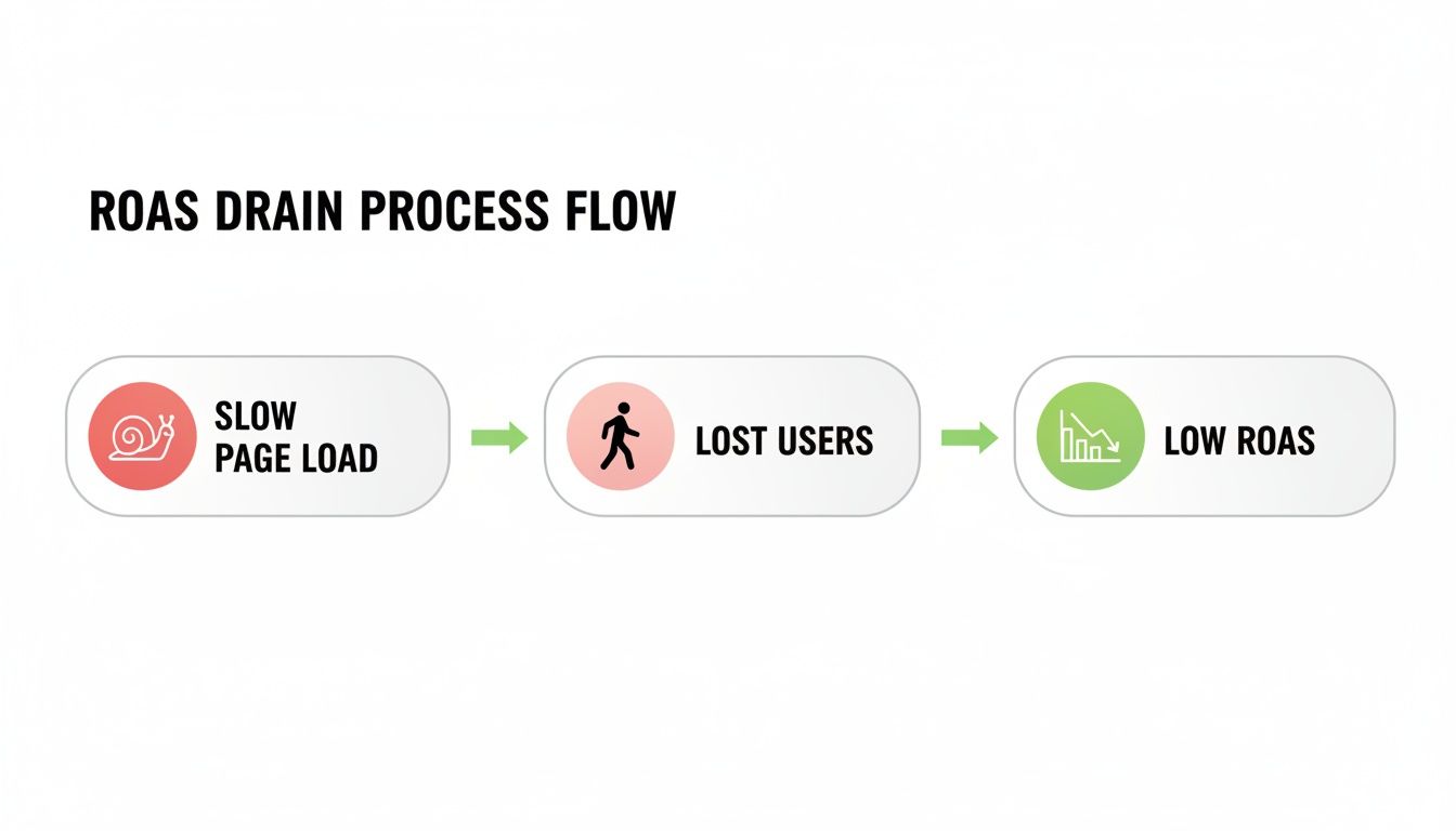 Infographic illustrating the ROAS drain process: slow page load leads to lost users, resulting in low ROAS.