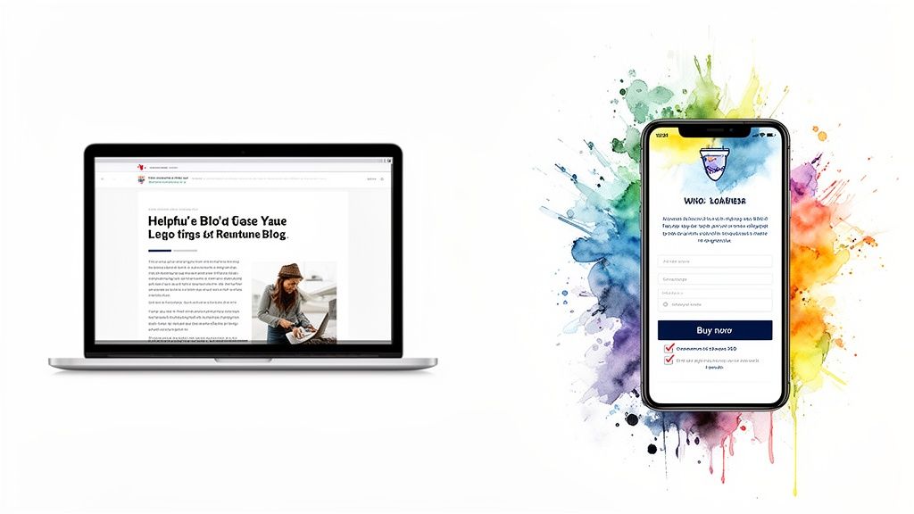 Laptop showing a blog post and a smartphone with a purchasing app, accented by colorful watercolor splashes.