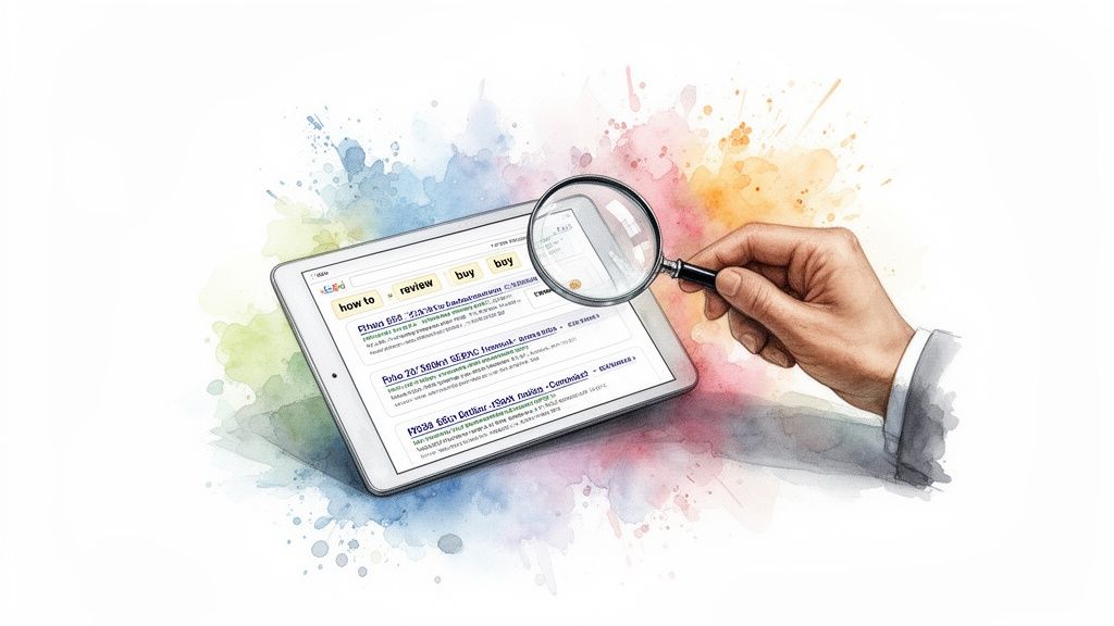 Magnifying glass inspecting a tablet's search engine results, highlighting different user search intents.