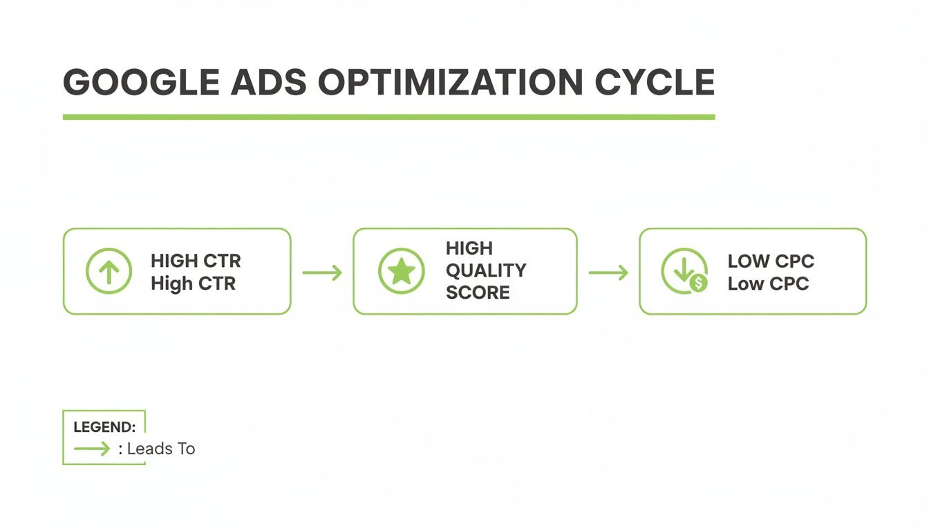 Diagram showing the Google Ads optimization cycle: High CTR leads to a high Quality Score, which results in low CPC.