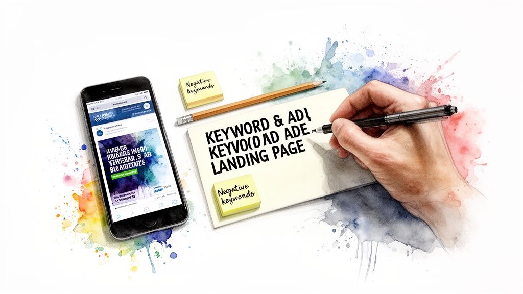 Digital marketing planning: hand writing keywords, ads, and landing page notes with a smartphone.