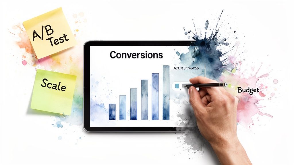 A hand interacts with a tablet showing conversion metrics, budget slider, A/B test, and scale notes.