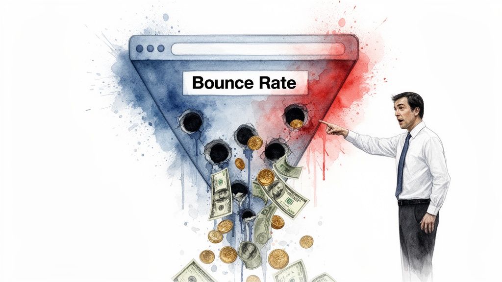 A man points at money falling from a browser-shaped funnel labeled 'Bounce Rate', illustrating lost revenue.