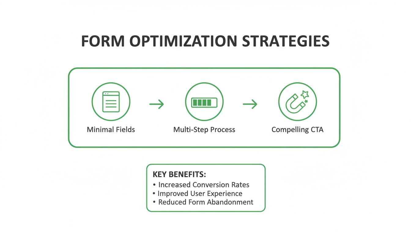 Infographic illustrating form optimization strategies including minimal fields, multi-step processes, and compelling CTAs.