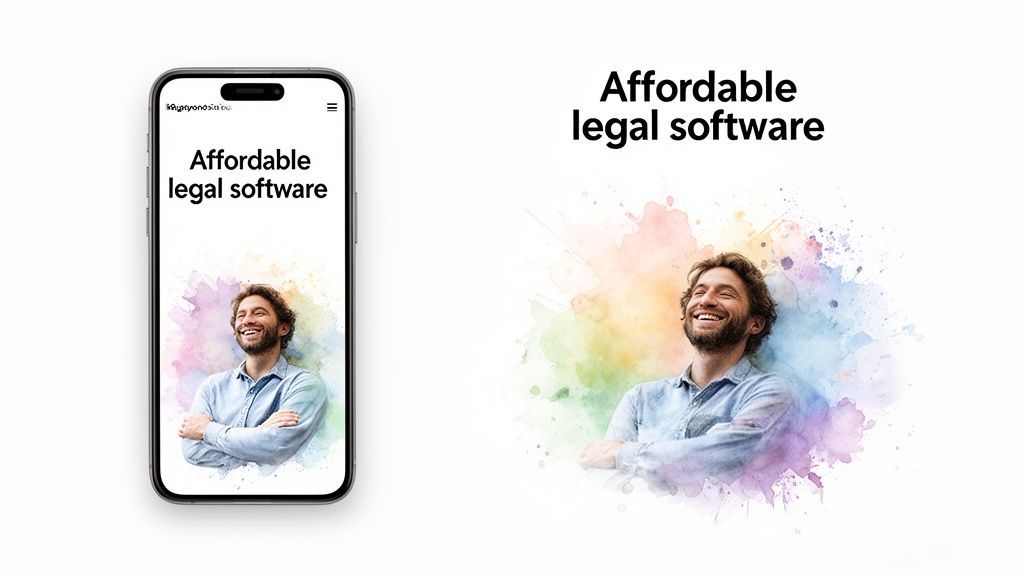 Mobile phone displaying affordable legal software website with a smiling man in watercolor art.