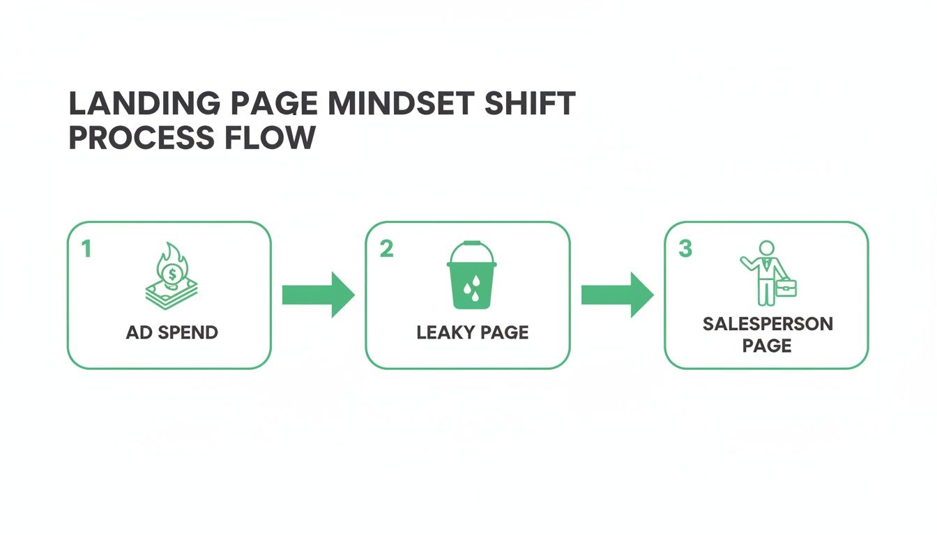 Flowchart illustrating the landing page mindset shift process from ad spend, to a leaky page, then a salesperson page.