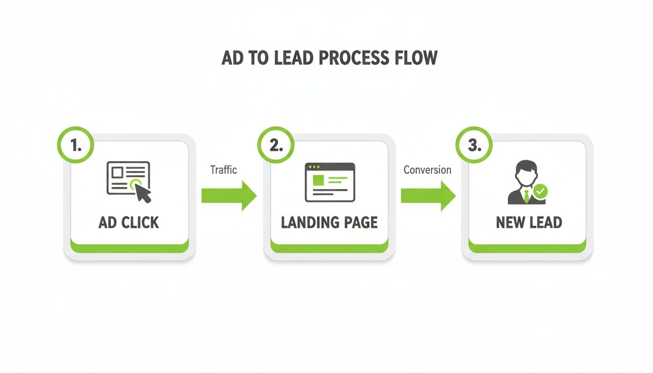 A diagram illustrating the ad to lead process flow: ad click, traffic to landing page, and conversion to new lead.