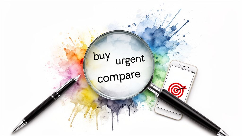 Magnifying glass over words 'buy', 'urgent', 'compare', with a pen and smartphone showing a target.