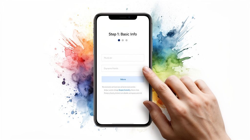 A hand interacts with a smartphone displaying a 'Step 1: Basic Info' form against a colorful watercolor background.