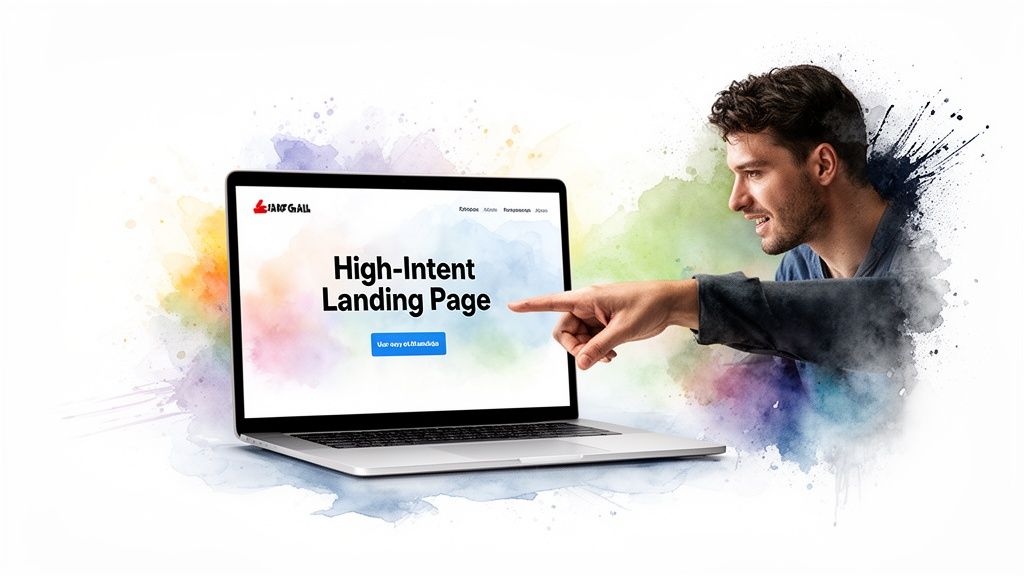 Man pointing at a laptop screen displaying a 'High-Intent Landing Page' with watercolor effects.